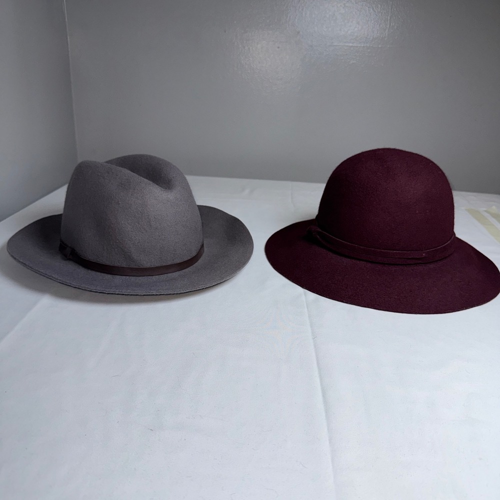 Saks Fifth Avenue & Nordstrom Wool Hat Bundle Grey Fedora Burgundy Floppy Brim